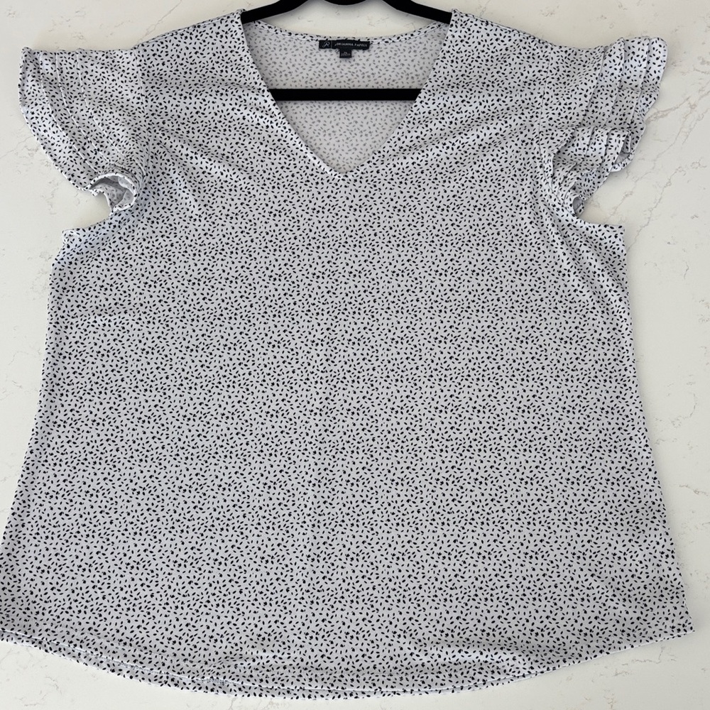 Adrianna Papell White and Black Dotted V-Neck Blouse - XL